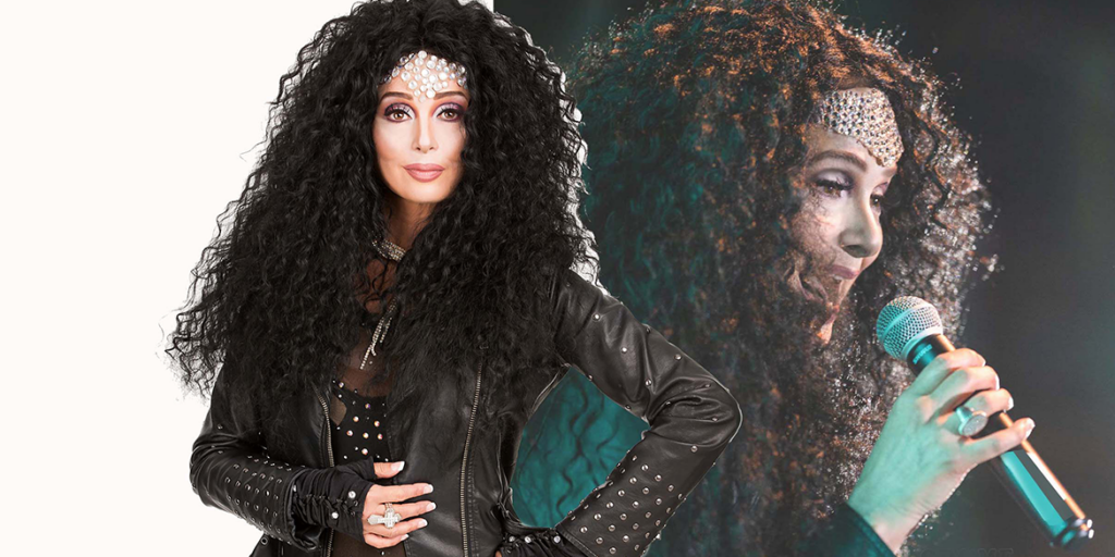 cher impersonator photo with black curly hair and headgear