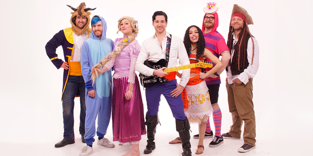 seven band members dressed in disney costumes, including beast, stitch, princess, pocohantus, and a pirate